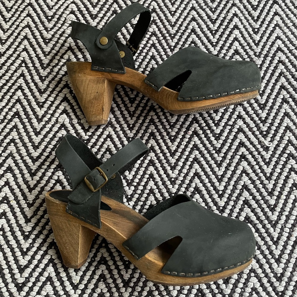Sanita Black Suede Wooden Heel Clog Sandals
